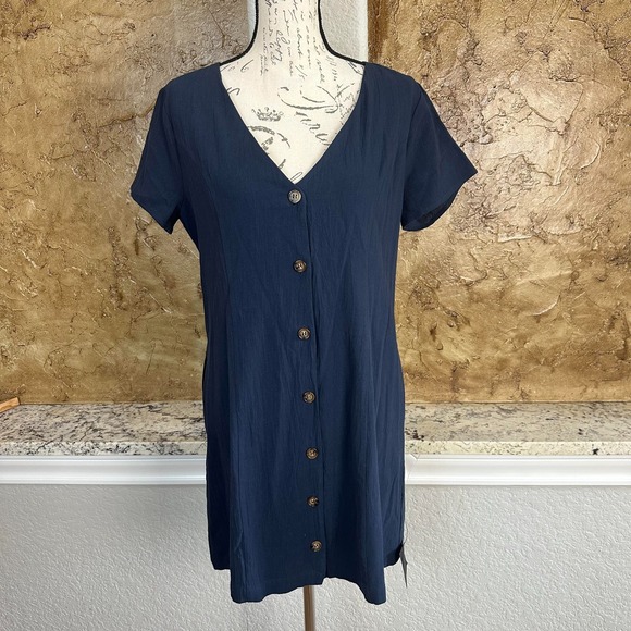 NWT Lulus Everyday Sweetness Mini Dress Large Button Front Pockets Navy Blue - Picture 2 of 11